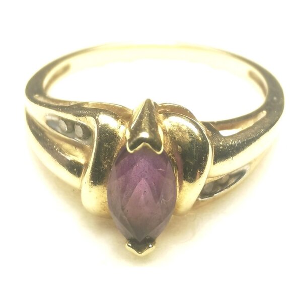 10KT Yellow Gold Purple Amethyst Oval with four diamond accents Vintage Size 7 - Picture 3 of 7